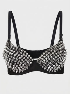 Silvia Metallic Studded Push-Up Plunge Bra in Silver showcasing structured moulded cups and adjustable straps on a studded push-up bra