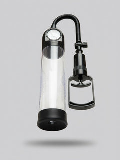Me You Us Gauge Penis Pump – Suction Pump for Enhanced Size, Stamina, and Confidence, suspended product view showing clear chamber, air hose and manual suction handle
