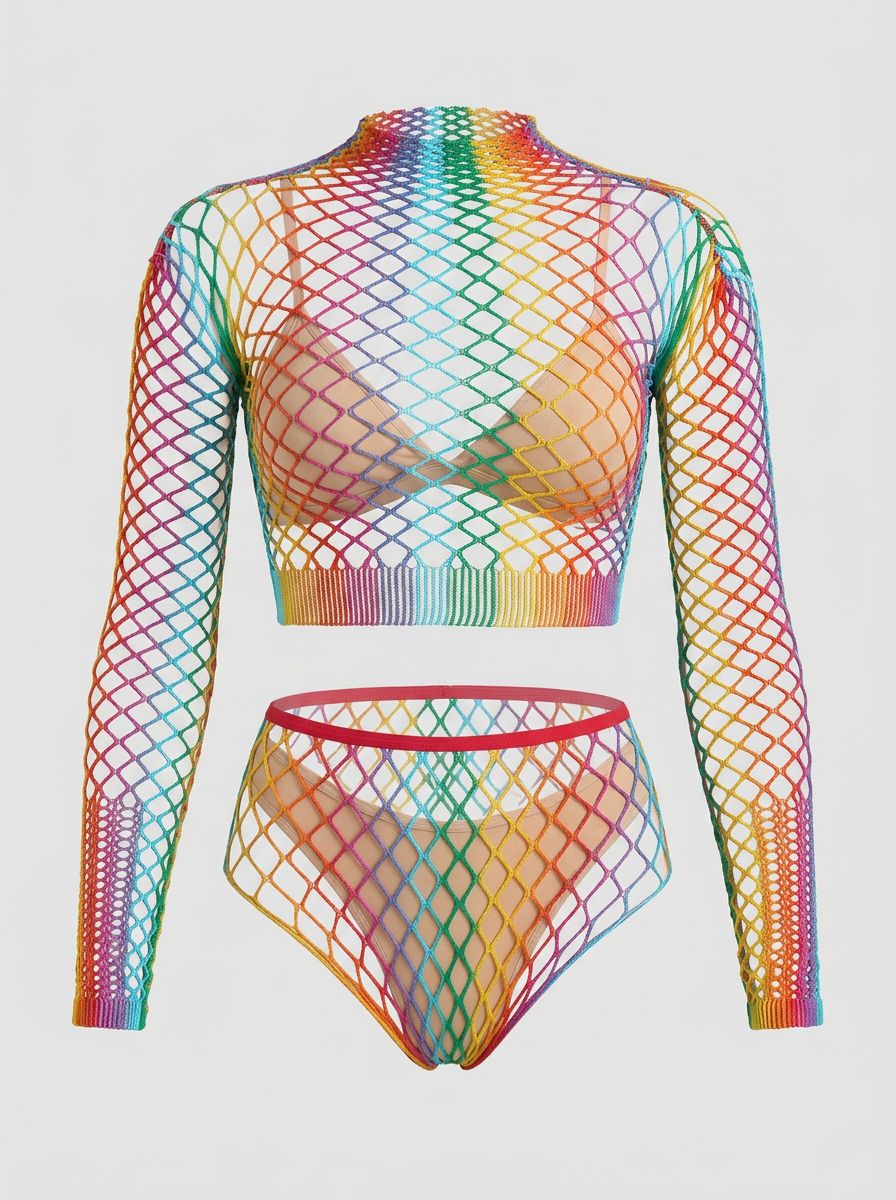 Lace by LJ Rainbow Fence Net Crop Top and Bottoms