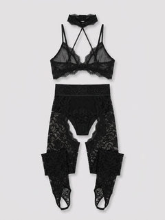 Lifestyle image showcasing the Allure Adore Freya Wild Lace Chaps with Panty and Bra, accentuating the alluring lace chaps that epitomize glamour and sophistication in lingerie.