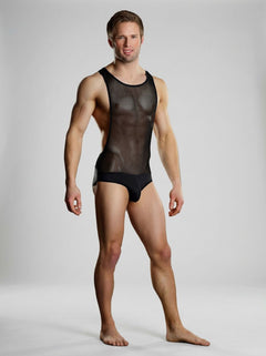 Male Power black sheer sleeveless singlet made of mesh fabric, men's outfit featuring a sleek, form-fitting design.
