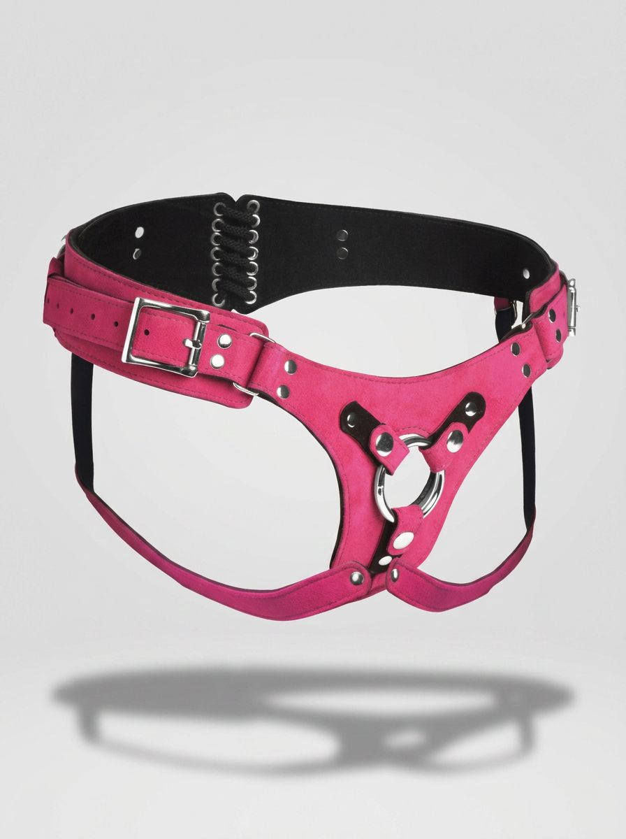 Pink leather strap-on harness in corset-style bodice from Strap U, featuring adjustable straps and detailed corset design.
