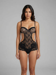 Baci Leopard Print & Lace Cut Out Basque Teddy showcasing luxurious leopard basque design features.