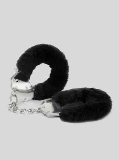 Me You Us Fluffy Quick Release Handcuffs - elegant black fluffy cuffs shown side by side, highlighting their plush faux fur and metallic finish.