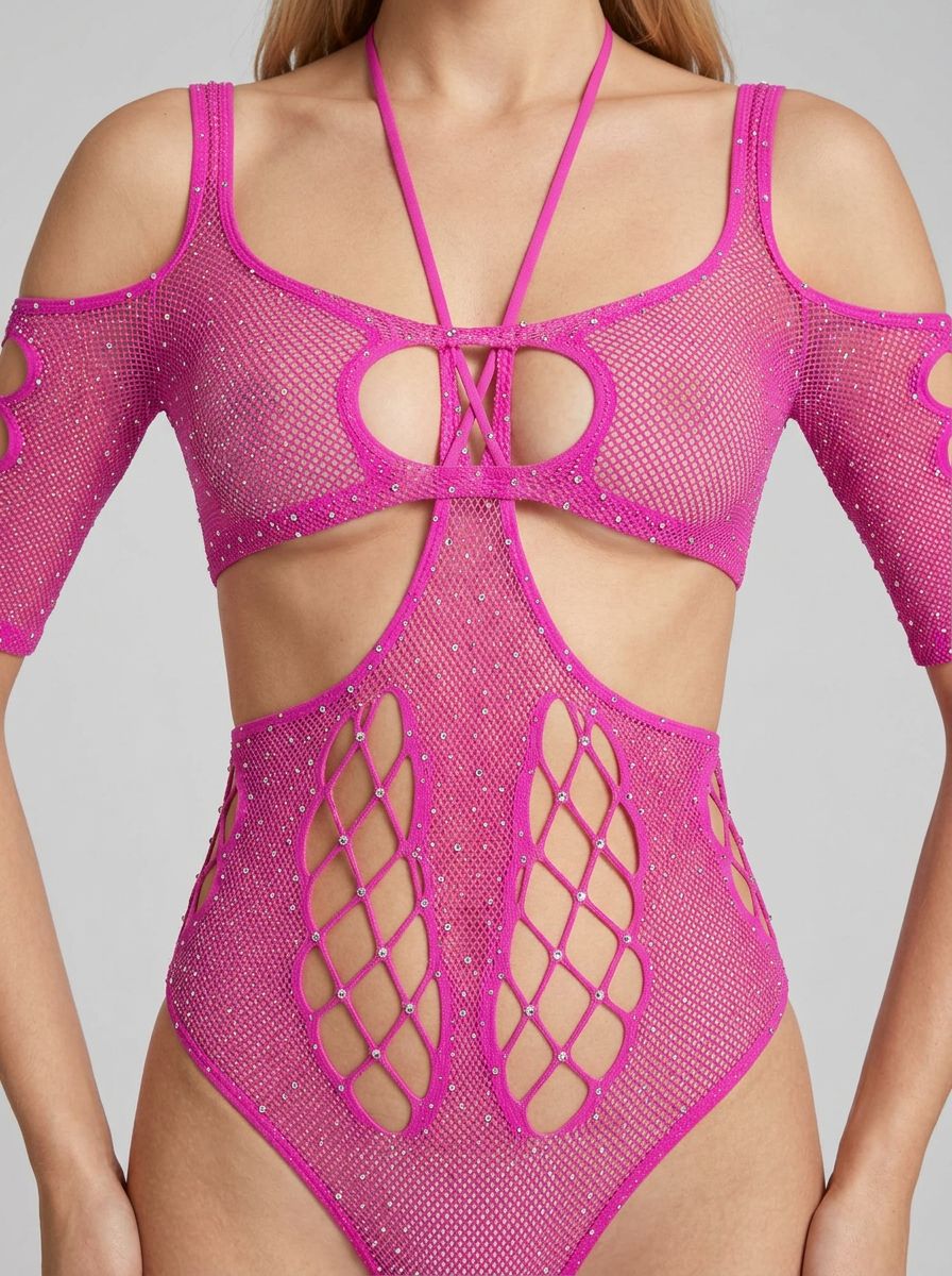 Pink cutout bra and cupless rhinestone fishnet teddy set by Exposed by Magic Silk, featuring revealing design and intricate rhinestone details.