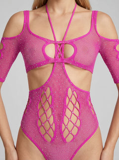 Close-up of the luxe Exposed Pink Long Sleeve Rhinestone Fishnet Teddy showcasing intricate rhinestone detailing and cupless design.