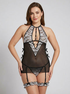 Model presenting the G-World Black Pearl 3Pc Halter O-Ring Babydoll & Panty Garter Set, accentuating the intricate lace elements and seductive silhouette of this luxurious babydoll & panty set.