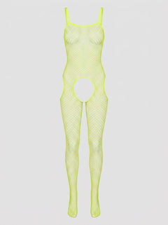 Lifestyle shot of the Rene Rofe Lime Green Industrial Net Suspender Bodystocking layered with accessories, demonstrating versatility and statement styling.