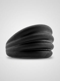 HunkyJunk Expander Silicone Cock & Ball Ring in Black Fog, side profile showcasing the textured supportive cock ring shape