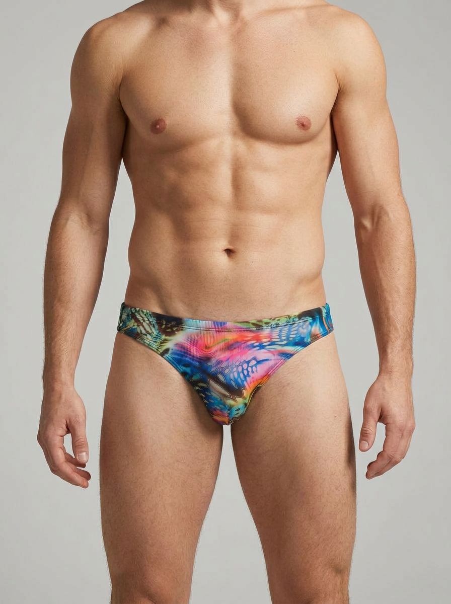 Male Power men's bikini briefs with bold Brazilian print, featuring a snug fit and comfortable design for stylish underwear.