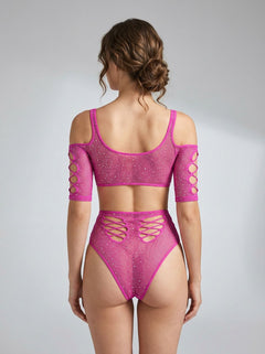 Back view of the Exposed Pink Long Sleeve Rhinestone Fishnet Teddy, displaying the daring thong back design and eye-catching silhouette.