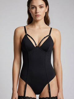 Luxurious Pink Lipstick Power Play Garter Bodysuit featuring sheer mesh panels and seductive design.
