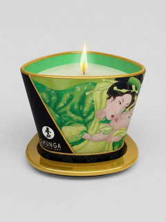 Shunga Sensual Soy Wax Erotic Massage Oil Candle 170ml green massage candle burning on its decorative gold base