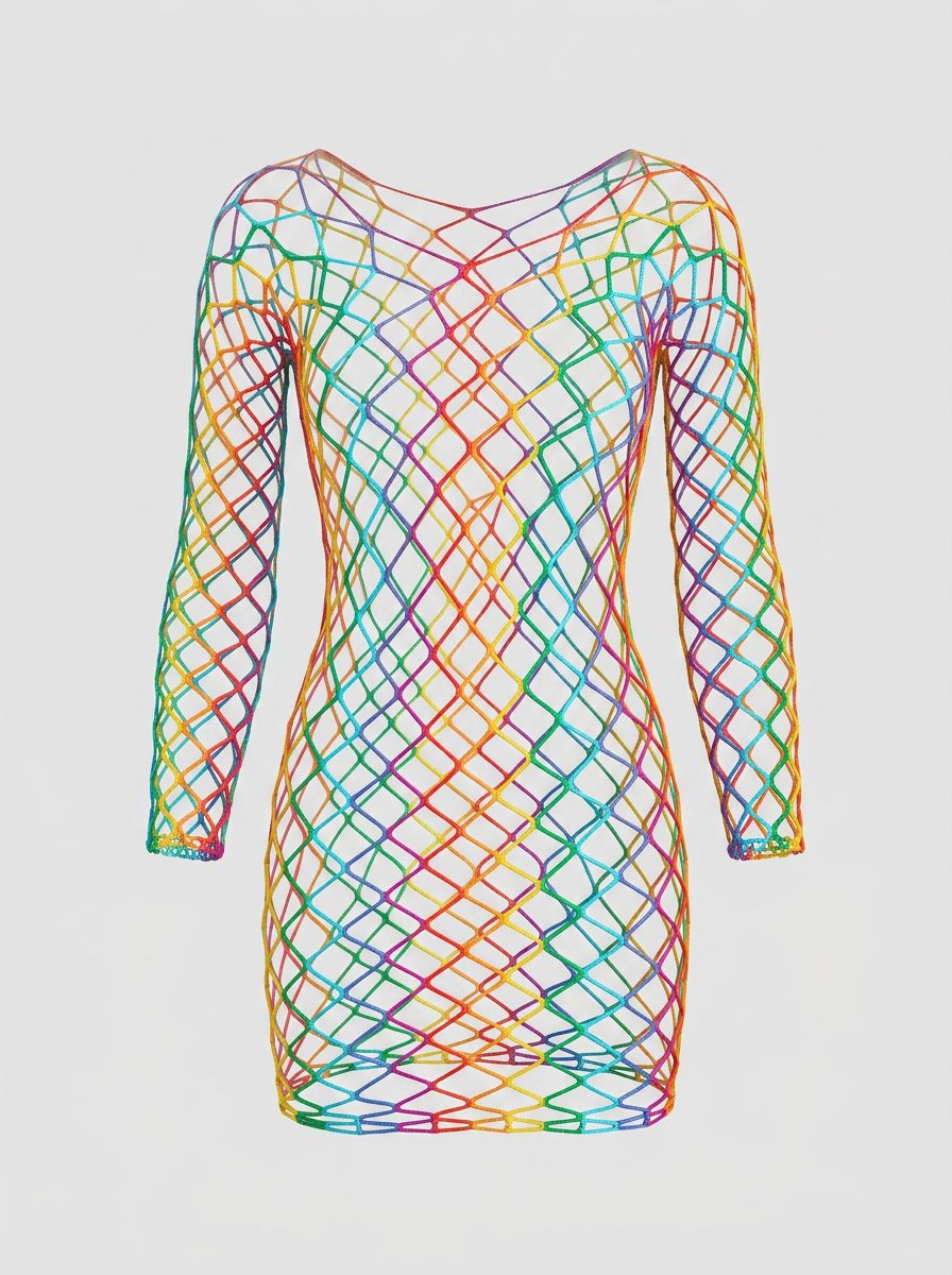 Loving Joy Lace by LJ Rainbow long-sleeved fishnet mini dress with colorful rainbow pattern and fitted design.