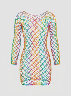 Elegant and bold Lace by LJ Rainbow Long Sleeved Mini Dress, ideal for Pride and festivals, defined as a stunning fishnet mini dress.