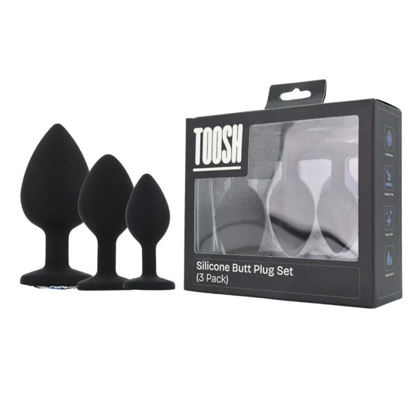 Toosh Silicone Butt Plug Set of 3 – Black with Clear Gem Base