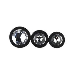 Toosh Silicone Butt Plug Set of 3 – Black with Clear Gem Base, showcasing the smooth, non-porous surface for easy cleaning and maintenance.