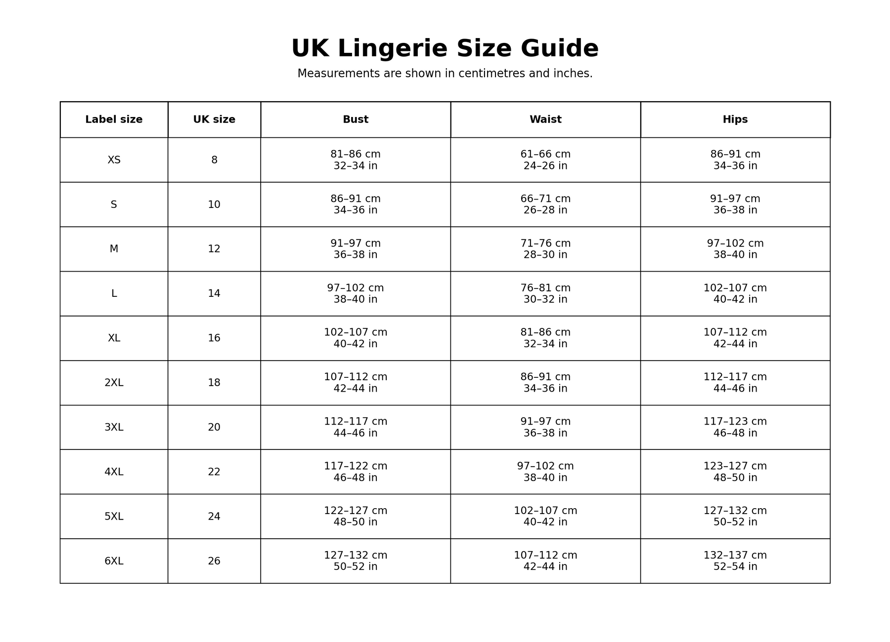 Lingerie Size Guide size chart