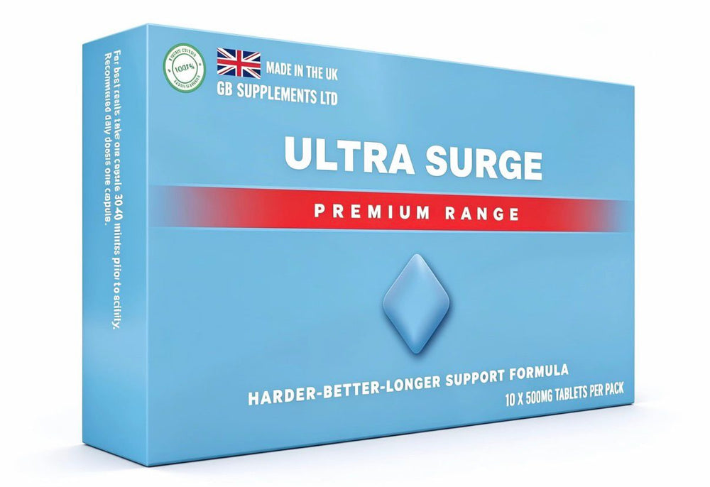Ultra Surge Premium 500mg herbal supplement tablets box by GB Supplements, designed as aphrodisiacs and enhancer tablets.