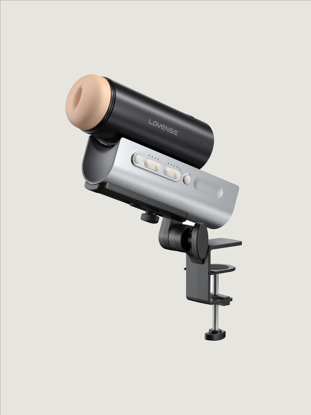 Lovense Solace Pro app-controlled masturbator with desk mount, AI sync, 300 strokes per minute, hands-free design.
