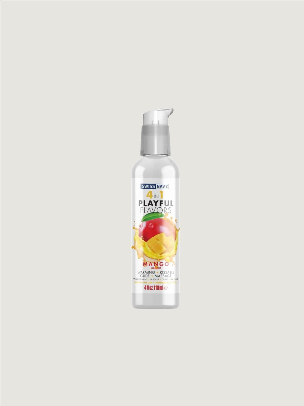 ABS Swiss Navy 4-in-1 flavored water-based lubricant in 4oz bottle, with mango flavor and smooth, lightweight texture.