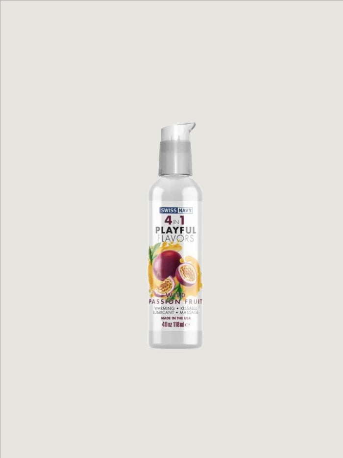 Swiss Navy 4 In 1 Flavoured Water Based Lube 4oz elegant packaging showcasing seductive flavours and playful intimacy.