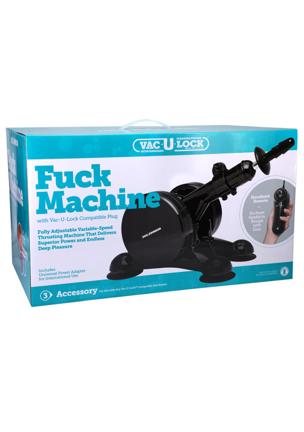 Doc Johnson Vac-U-Lock fuck machine with adjustable arm and multi-speed strokes, showing the device with control panel and attachments.