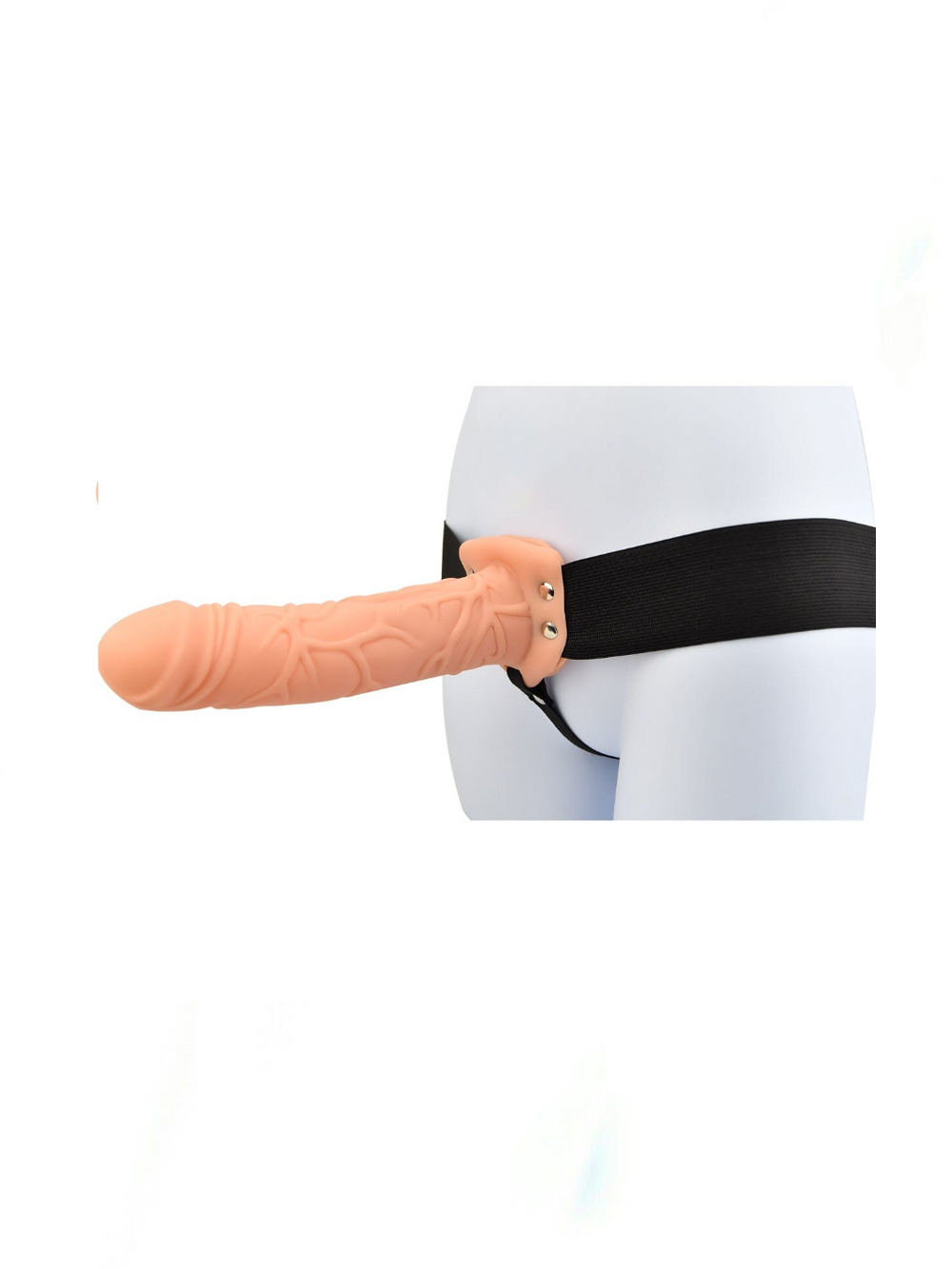 Loving Joy 8-inch hollow strap-on in vanilla color, with adjustable straps and realistic design, on a white background.
