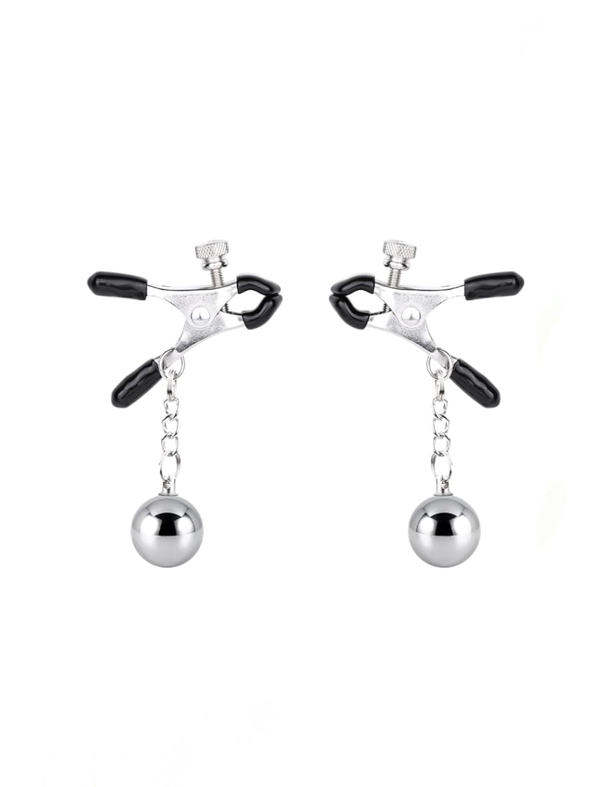 Elegant weighted nipple clamps featuring shiny metal construction with adjustable pressure, designed for enhanced stimulation and sensual pleasure.