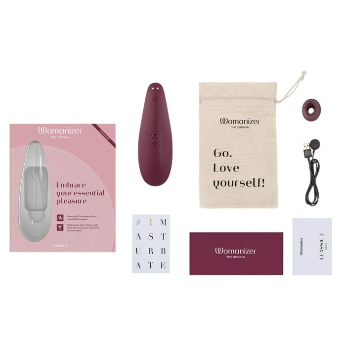 Womanizer Classic 2 Bordeaux Pleasure Air Clitoral Stimulator by Scandals, showing the sleek design and control buttons.