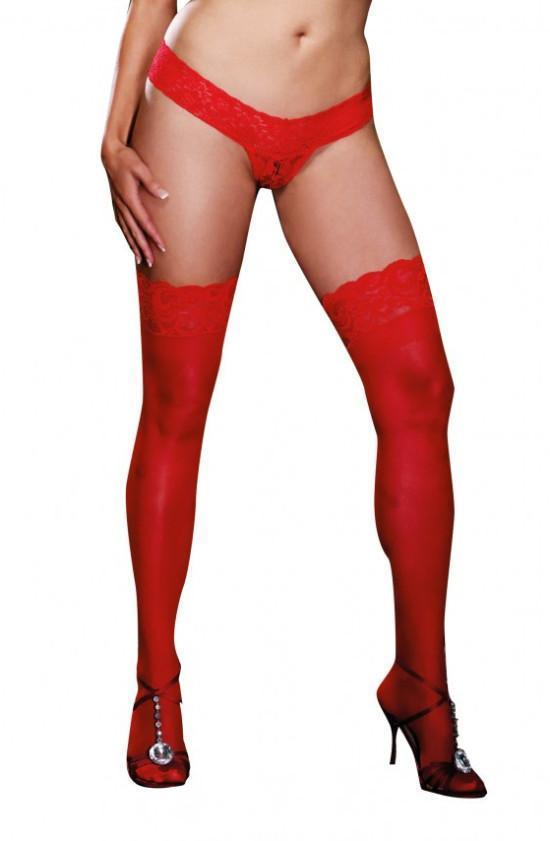 Red lace top hold-up stockings with silicone stay-up bands by Dreamgirl, featuring intricate lace detail and sheer nylon material.