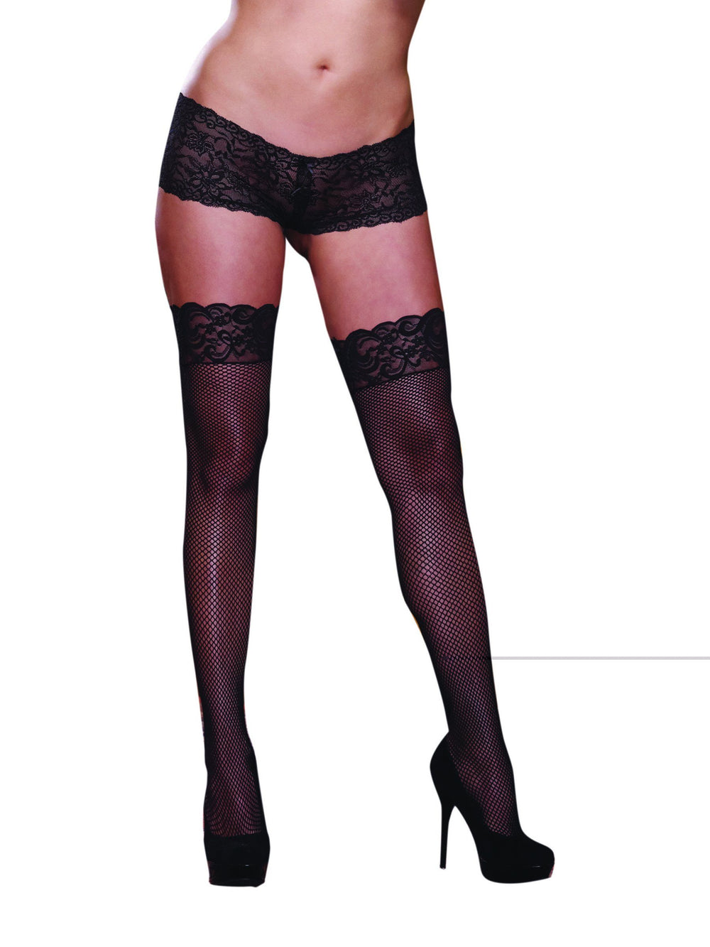Black fishnet thigh high stockings with lace tops from NEW TEMPTATIONS 3, featuring a stretchy one size queen fit.
