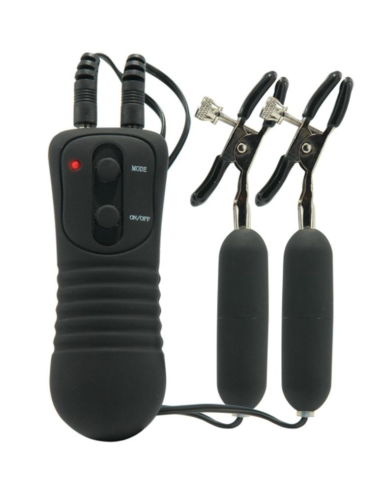Fetish Fantasy vibrating nipple clamps with adjustable metal clips and soft rubber tips for sensual stimulation.
