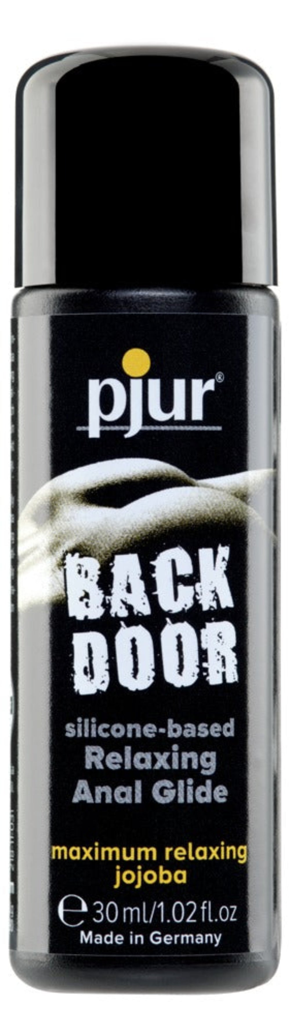 Pjur Back Door silicone-based lubricant with jojoba, featuring a smooth, clear gel for anal relaxation and comfort.