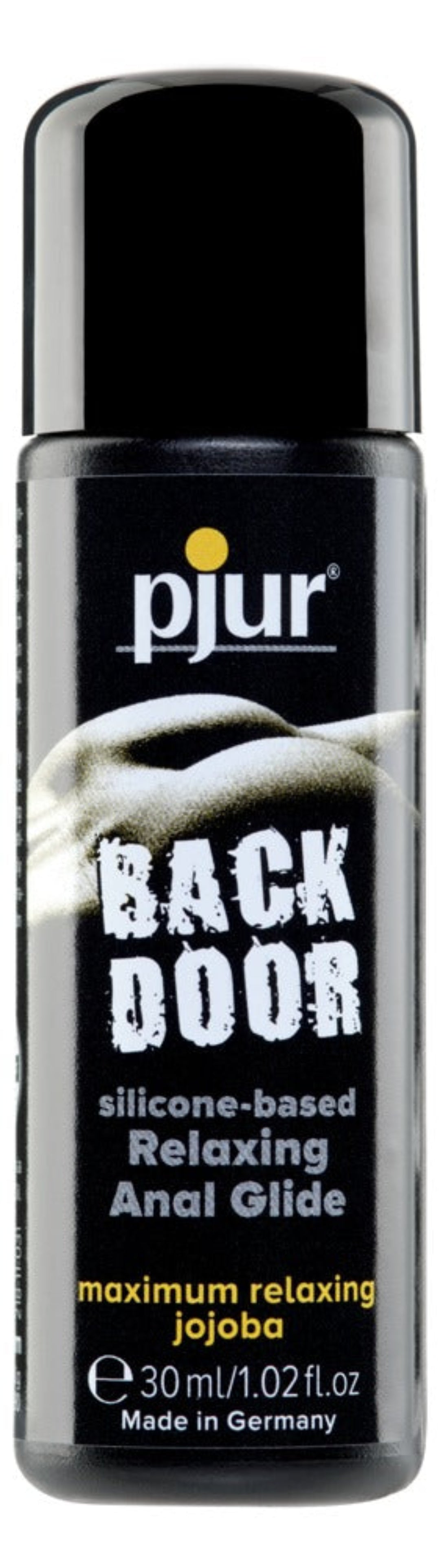 Pjur Back Door silicone-based lubricant with jojoba, featuring a smooth, clear gel for anal relaxation and comfort.