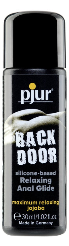 Pjur Back Door silicone-based lubricant with jojoba, featuring a smooth, clear gel for anal relaxation and comfort.