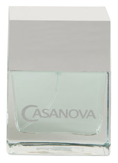 a glass bottle with a silver cap on it
