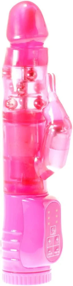 Pink Me You Us Perfection Rabbit Vibrator with rotating beads, featuring dual stimulators and textured design for enhanced pleasure.