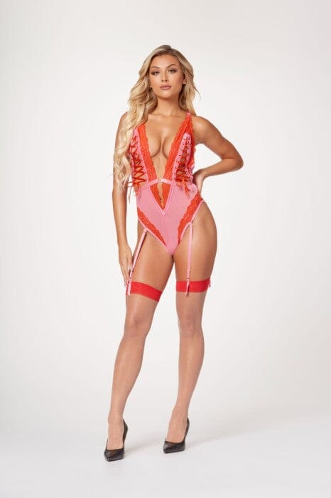 Lace up Racer-back Lace and Mesh Teddy