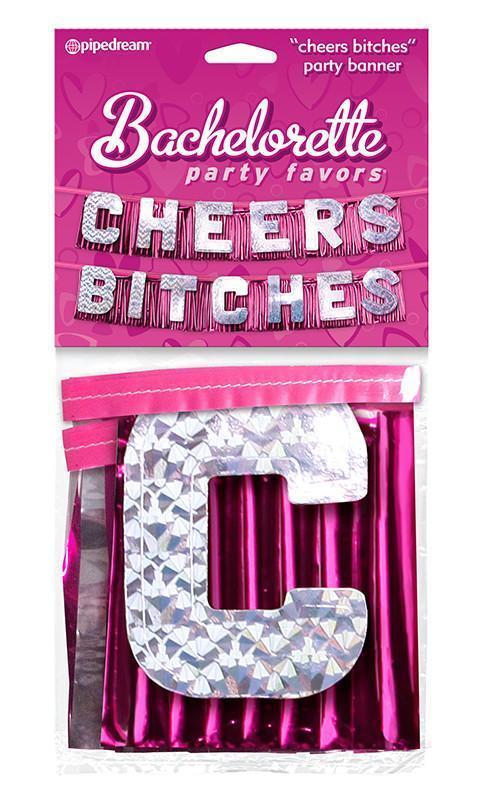 Bright novelty "Cheers Bitches!" party banner by Tonga BV with colorful lettering, perfect for celebrations and fun events.