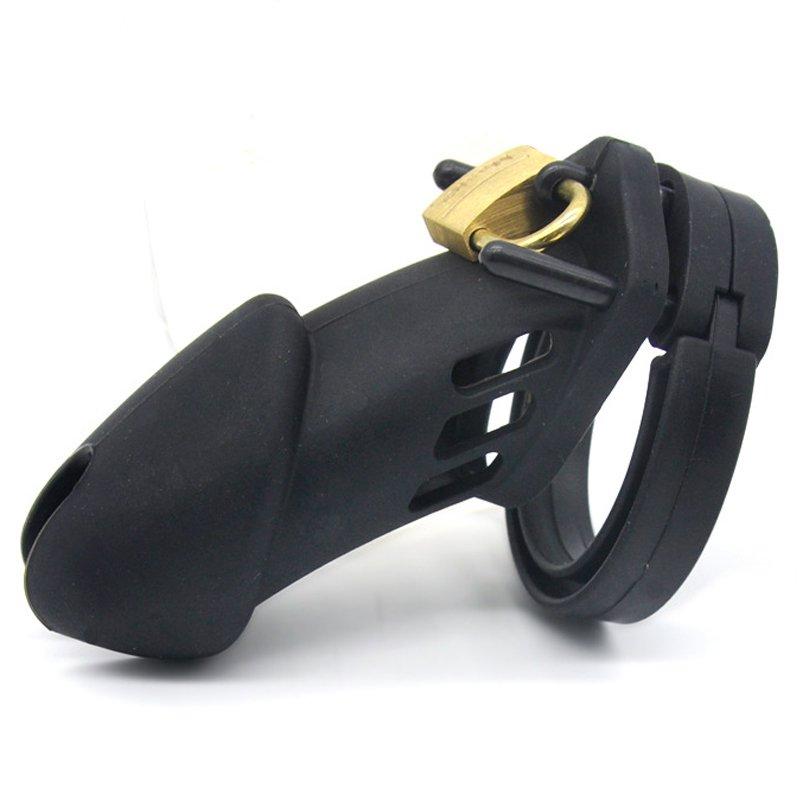 Black silicone cock cage from P, a chastity device with a smooth, secure design for adult wear and restraint.