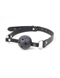 Thumbnail for a black leather collar with a ball gag on it