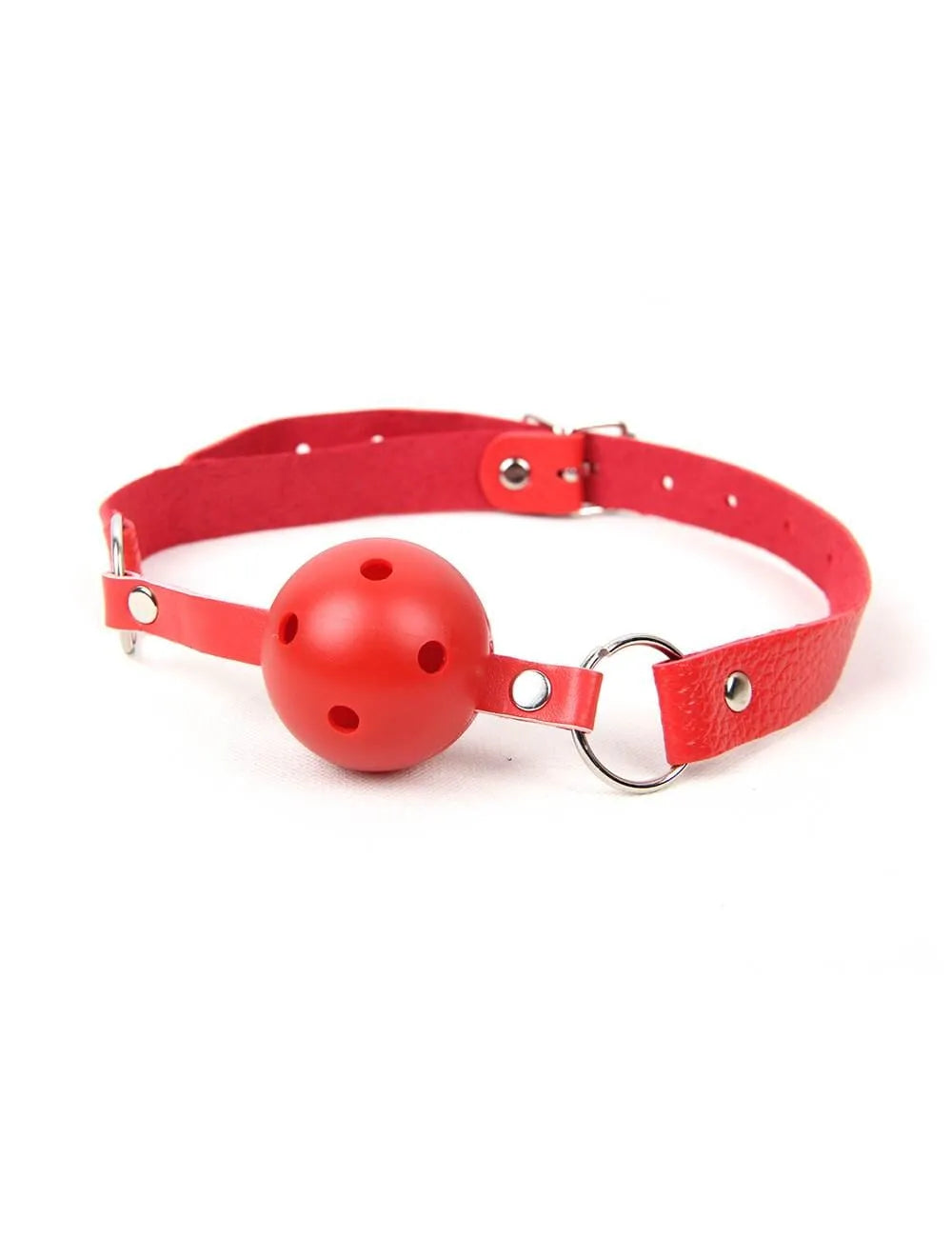 a red leather collar with a ball gag on it