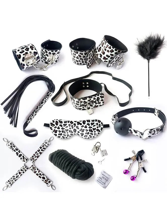 a collection of animal print bondage essentials and accessories