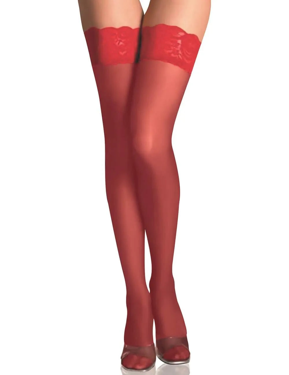a woman wearing red stockings and high heels