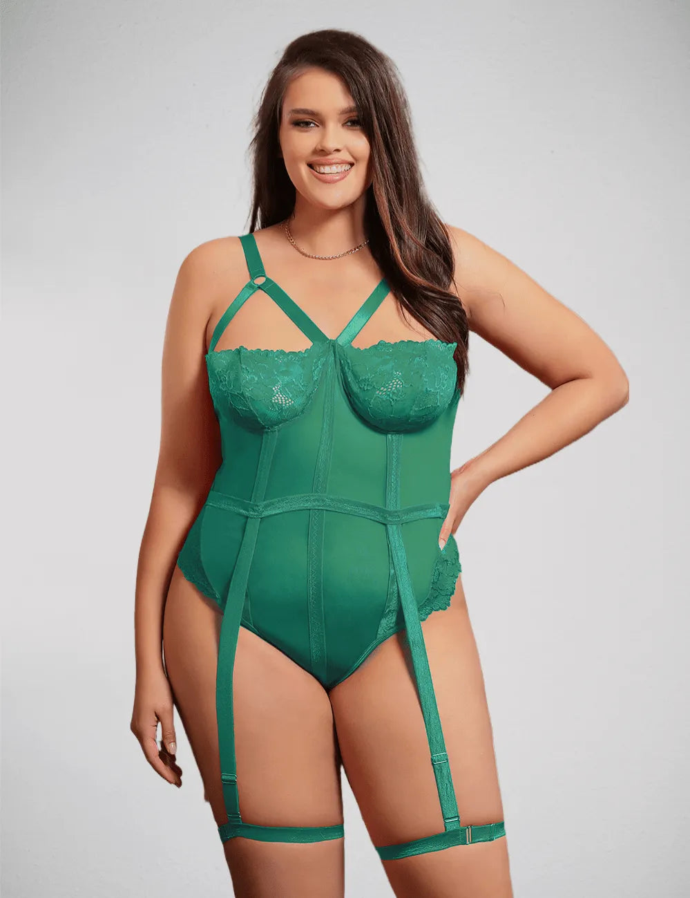 Scandals One Piece Teddy With Lace, Snap Crotch & Leg Straps Bodies & Teddies Scandals Lingerie Extra Large - 2XL Green 