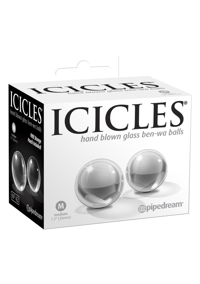 Transpa Icicles No.42 Ben Wa Balls Kegel exercisers by Pipedream, transparent silicone with smooth, rounded shapes for pelvic strengthening.