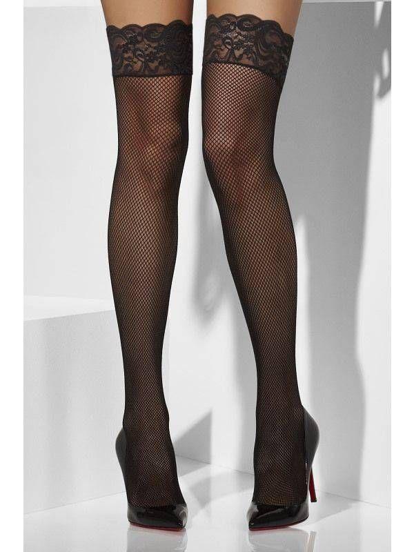 Black fishnet hold ups with lace tops and silicone bands from Fever, designed as stylish stockings and hosiery.