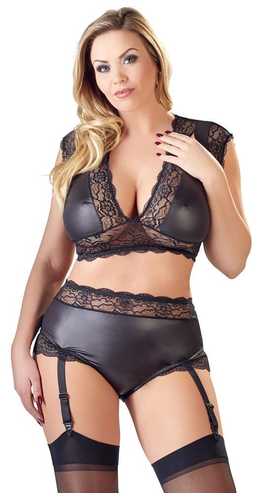 Cottelli Plus Wet Look Lace Lingerie Set for women, featuring black satin and lace details, designed for a sexy, bold look.