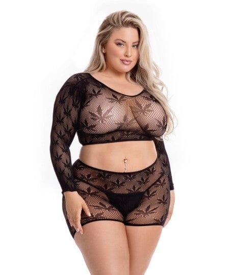 Pink Lipstick Leaf It To Me Short Set, queen lingerie set in black, front view showing leaf print and matching bra and shorts.